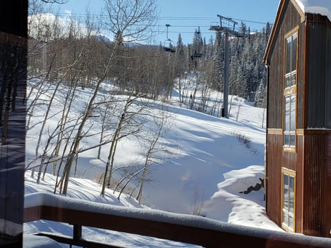 View of Lift 1 Chondola and Meadows Run from deck