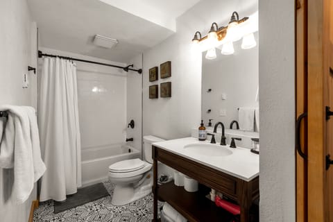 Combined shower/tub, hair dryer, towels