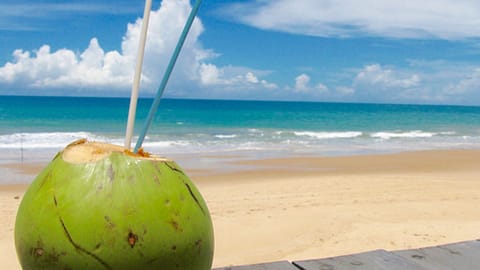 On the beach, sun loungers, beach towels