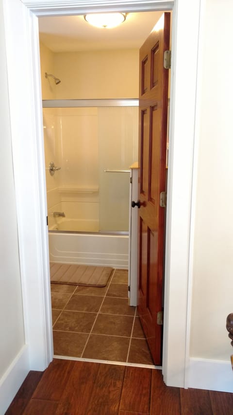 Combined shower/tub, hair dryer, towels