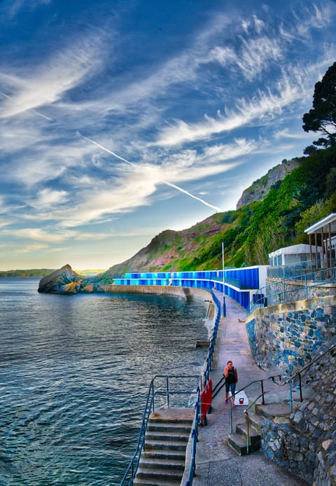 The tide is in on Meadfoot beach. The cafe opens at 9 a,m, for breakfast.