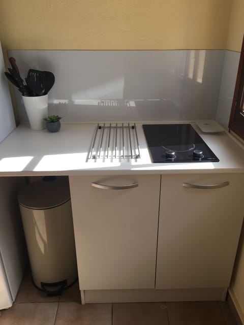 Fridge, microwave, stovetop, coffee/tea maker