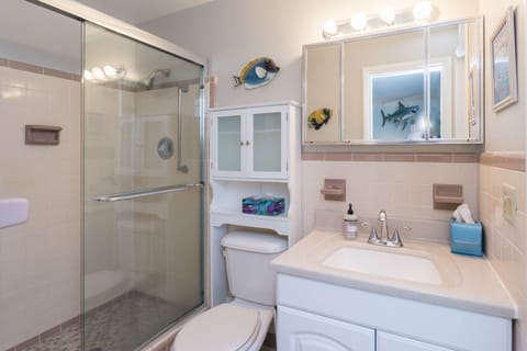 Combined shower/tub, hair dryer, towels, soap