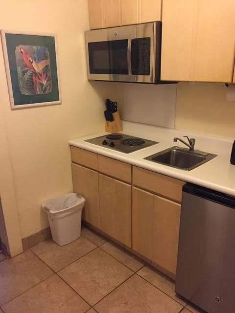 Fridge, microwave, stovetop, coffee/tea maker