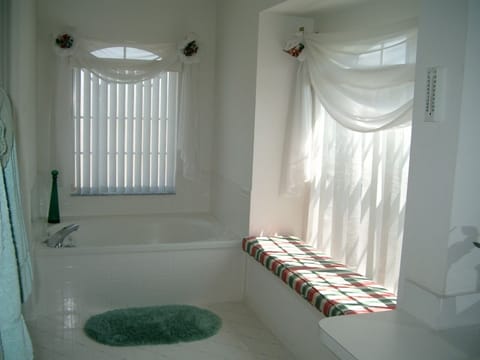 Combined shower/tub, hair dryer, towels, soap