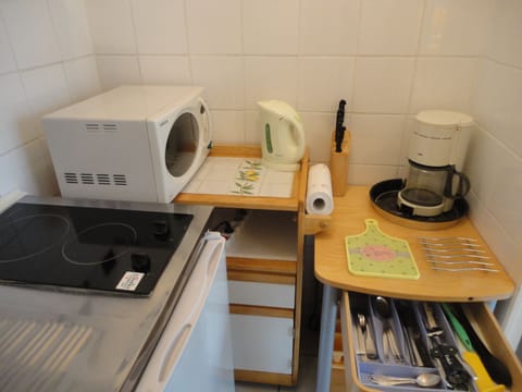 Fridge, microwave, stovetop, coffee/tea maker