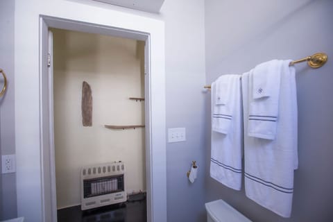 Combined shower/tub, hair dryer, towels, soap