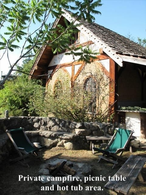 Your private Gnome House campfire, picnic, table, and hot tub area.