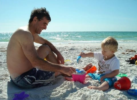 On the beach, sun loungers