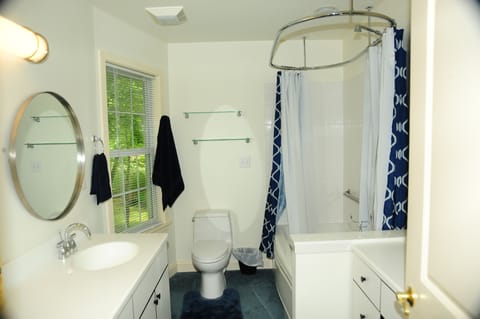 Combined shower/tub, hair dryer, towels