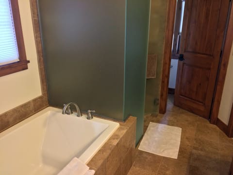 Combined shower/tub, hair dryer, towels, toilet paper