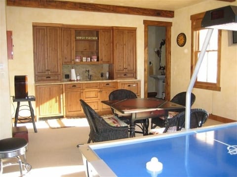 Arcade room with mini kitchen and pull out queen sofa.