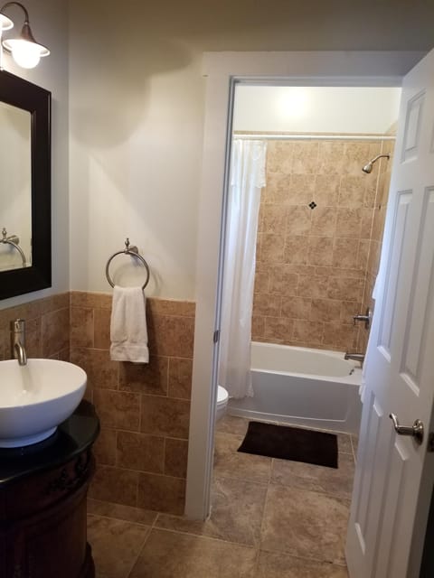 Combined shower/tub, hair dryer, towels, soap