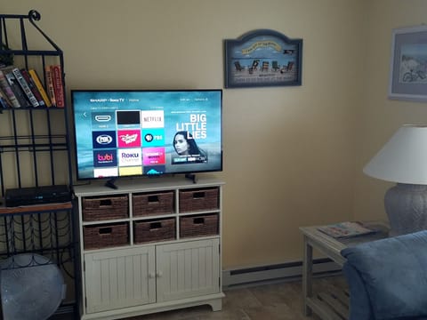 Living room includes large flat screen smart tv.