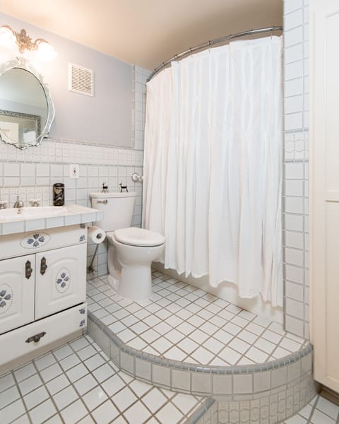 Combined shower/tub, hair dryer, towels, soap