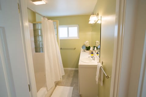 Combined shower/tub, hair dryer, towels