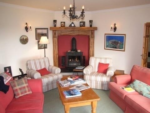 First floor living room with picture window facing the Irish Sea and gas stove