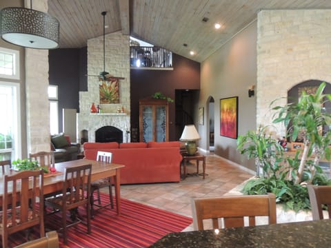 View of dining and living areas from the kitchen, spacious open floor plan
