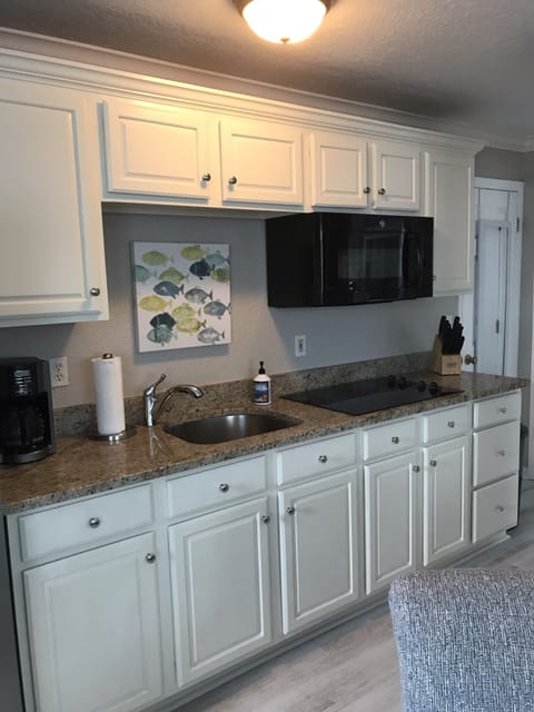Nice galley kitchen with convection oven, glass top stove, and SS refrigerator!