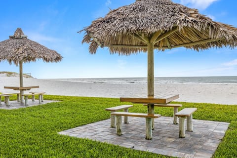 On the beach, sun loungers, beach towels