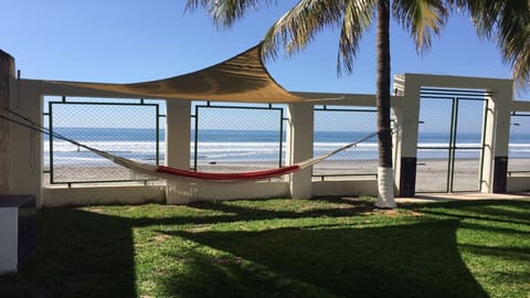 On the beach, sun loungers