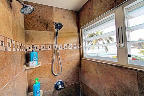 Combined shower/tub, hair dryer, towels