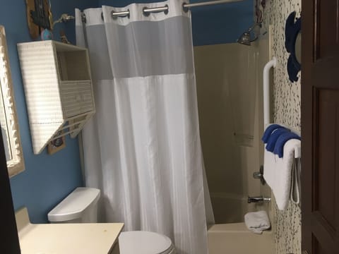 Combined shower/tub, hair dryer, towels, soap