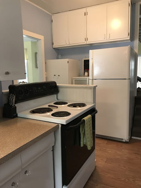 Kitchen has microwave next to refrigerator