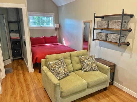 Open living with queen bed and love seat 
