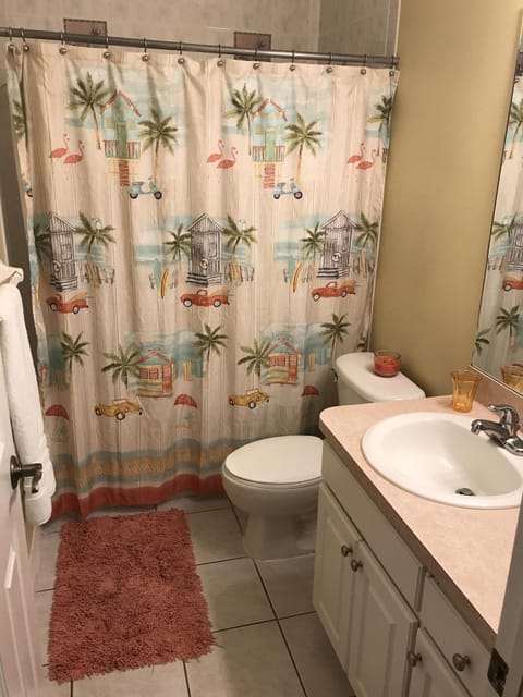 Combined shower/tub, hair dryer, towels