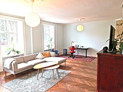 Large living room with single bed in the corner behind the closet