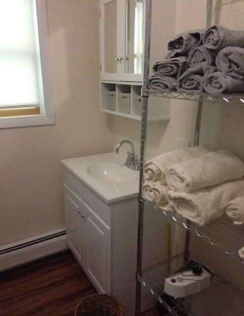 Combined shower/tub, hair dryer, towels