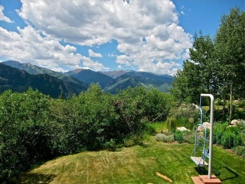Lush mountain view from back yard with an original Aspen ski lift swing!!!