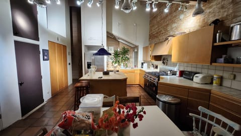 Kitchen. Many lighting options. Rough working table w 8 chairs below.