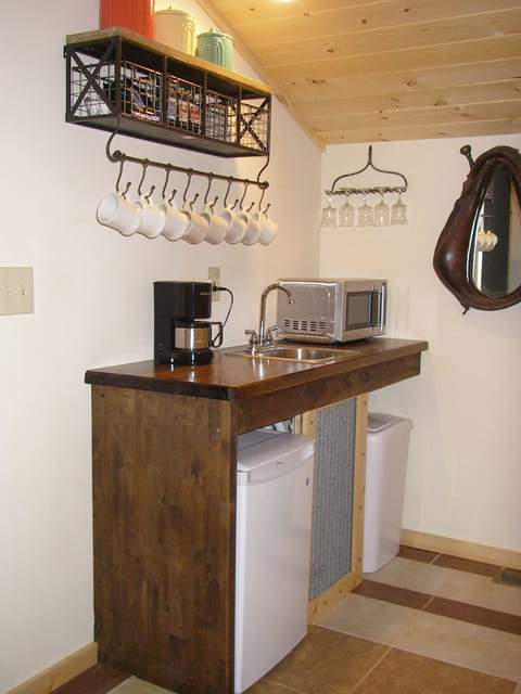 The coffee bar is upstairs so guests can enjoy coffee on the deck.