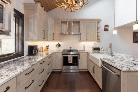 beautifully renovated kitchen with all stainless steel appliances and gas range