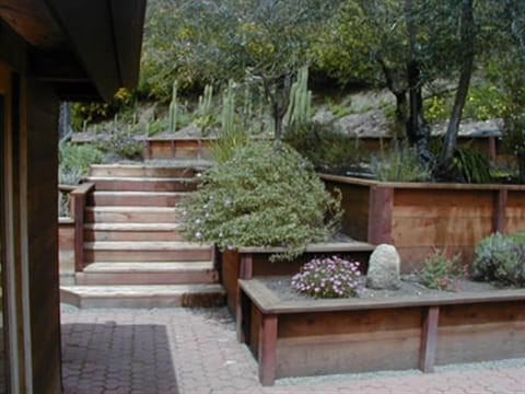 Terraced garden with flowers, fruit trees, and trail to hillside decks.