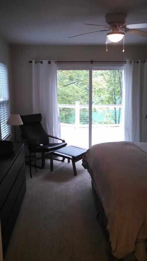 view of deck and lake from bedroom. All four master bedrooms have similar view.