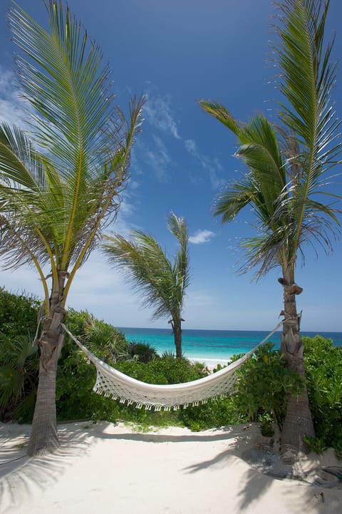 On the beach, sun loungers, beach towels