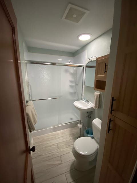 Combined shower/tub, hair dryer, towels, soap