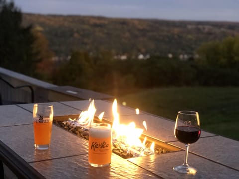 The gas-lit table on the deck makes the great outdoors accessible in any season