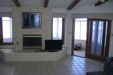 TV, fireplace, books, video library