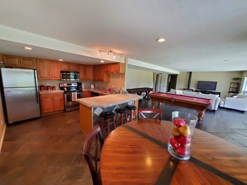 Lower level - kitchen, dining, and living space.
