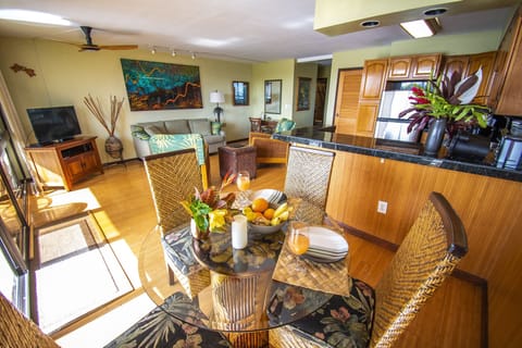 To the left is the lanai. Our decor brings in the spirit of Kauai throughout.