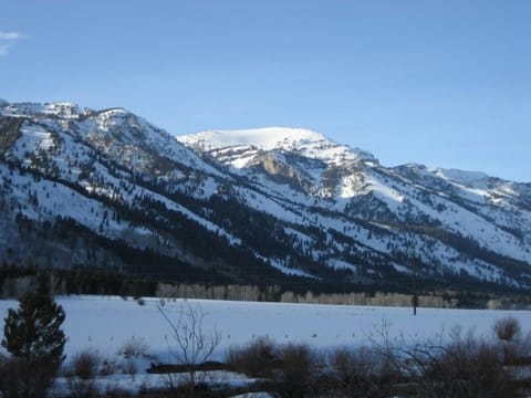 Winter scene of ranch and Jackson Hole ski area from condo