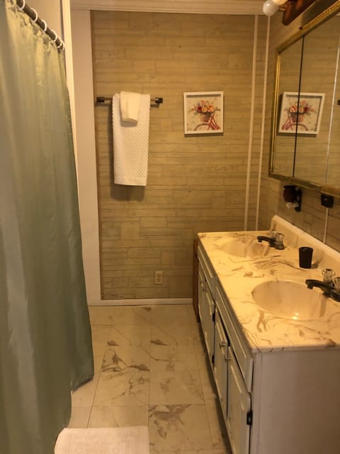 Combined shower/tub, hair dryer, towels, soap