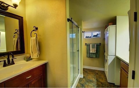 Combined shower/tub, hair dryer, towels