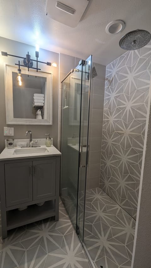 Private bathroom with newly remodeled 3-way thermostatic shower