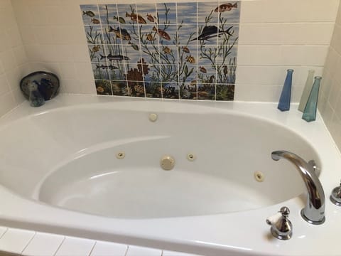 Jetted tub, hair dryer, soap, toilet paper