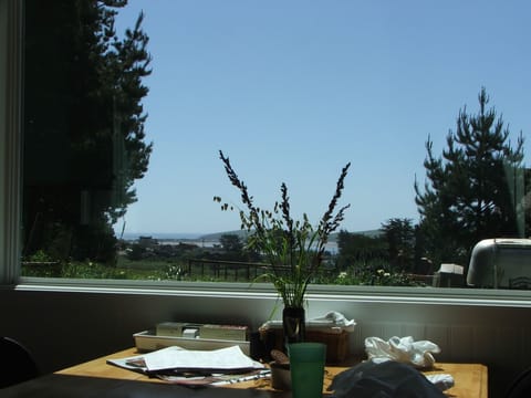 Kitchen table with view of Bodega Harbor, Bodega Head and the Pacific.
